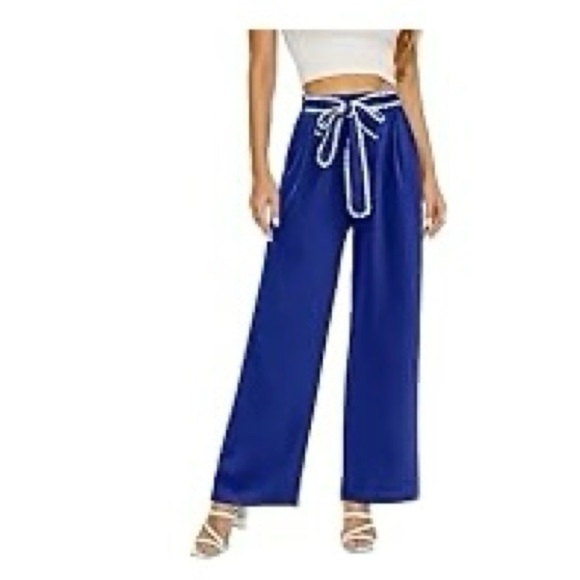 Womens Wide Leg Pants Tie Elastic Waist Pants - Picture 1 of 5